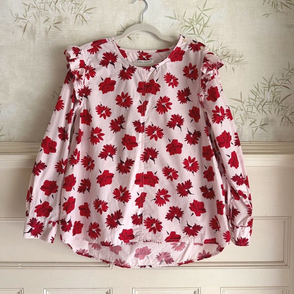 Free Assembly Ruffle Shoulder Floral Blouse Red Pink 100% Cotton Long Sleeve L